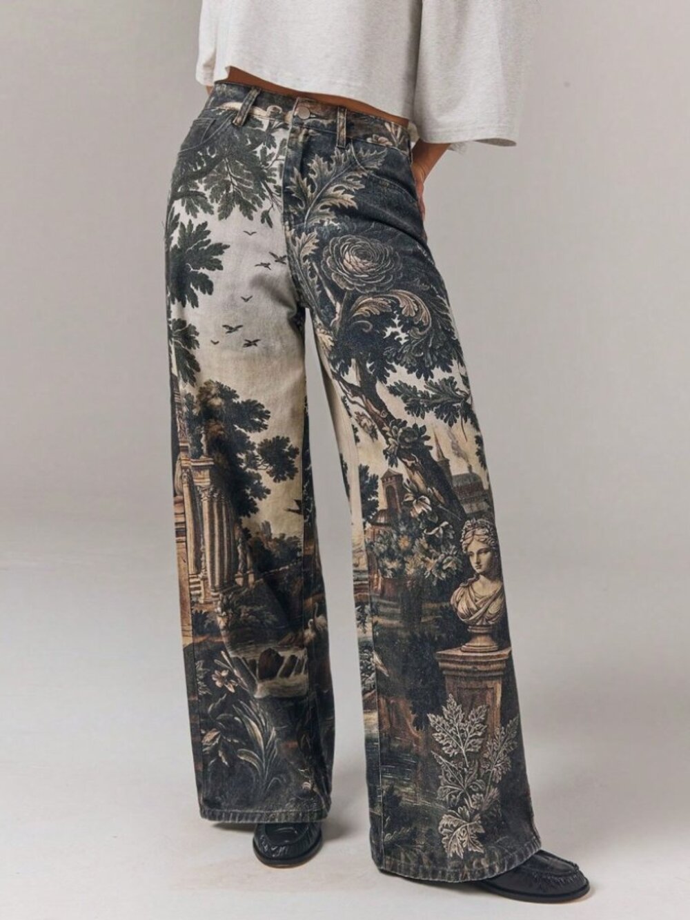 Brown Tapestry Print Wide Leg Denim Jeans - Extra Long - Picture 7 of 7
